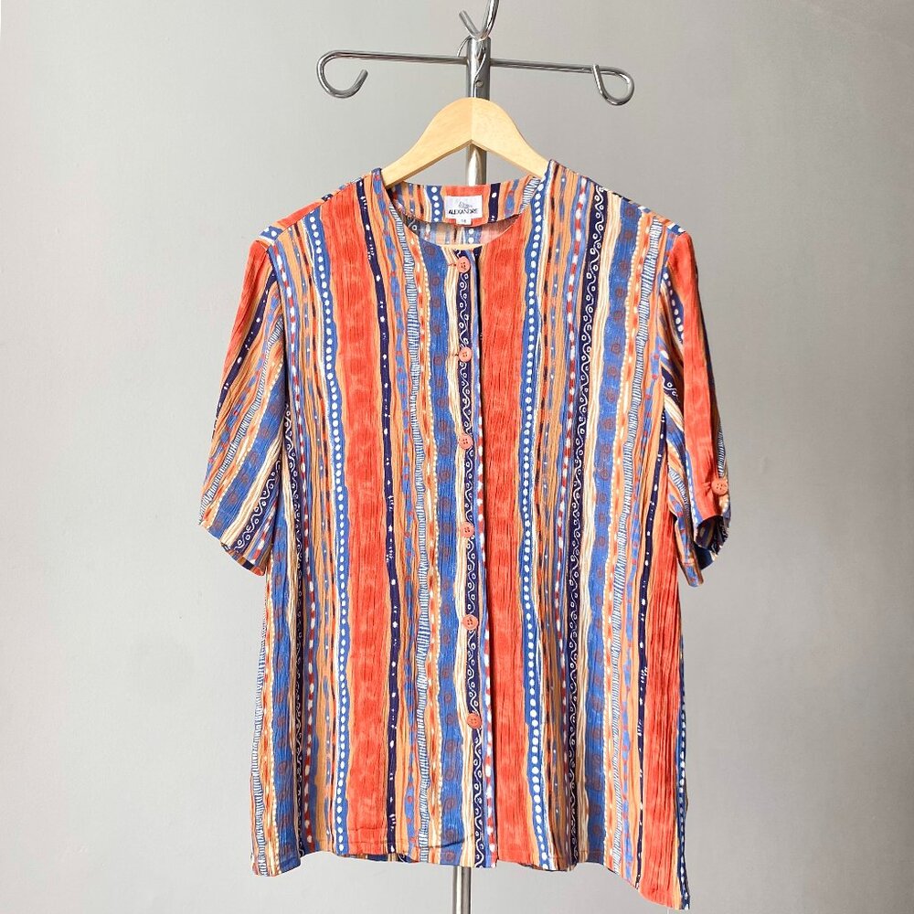 🌿Y2K Vintage Orange & Blue Striped Batik Short Sleeves Button-Down Shirt
